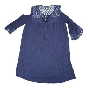 Heartloom Women’s Navy Blue Cold Shoulder Boho Mini Dress w/Lace Detail Size S
